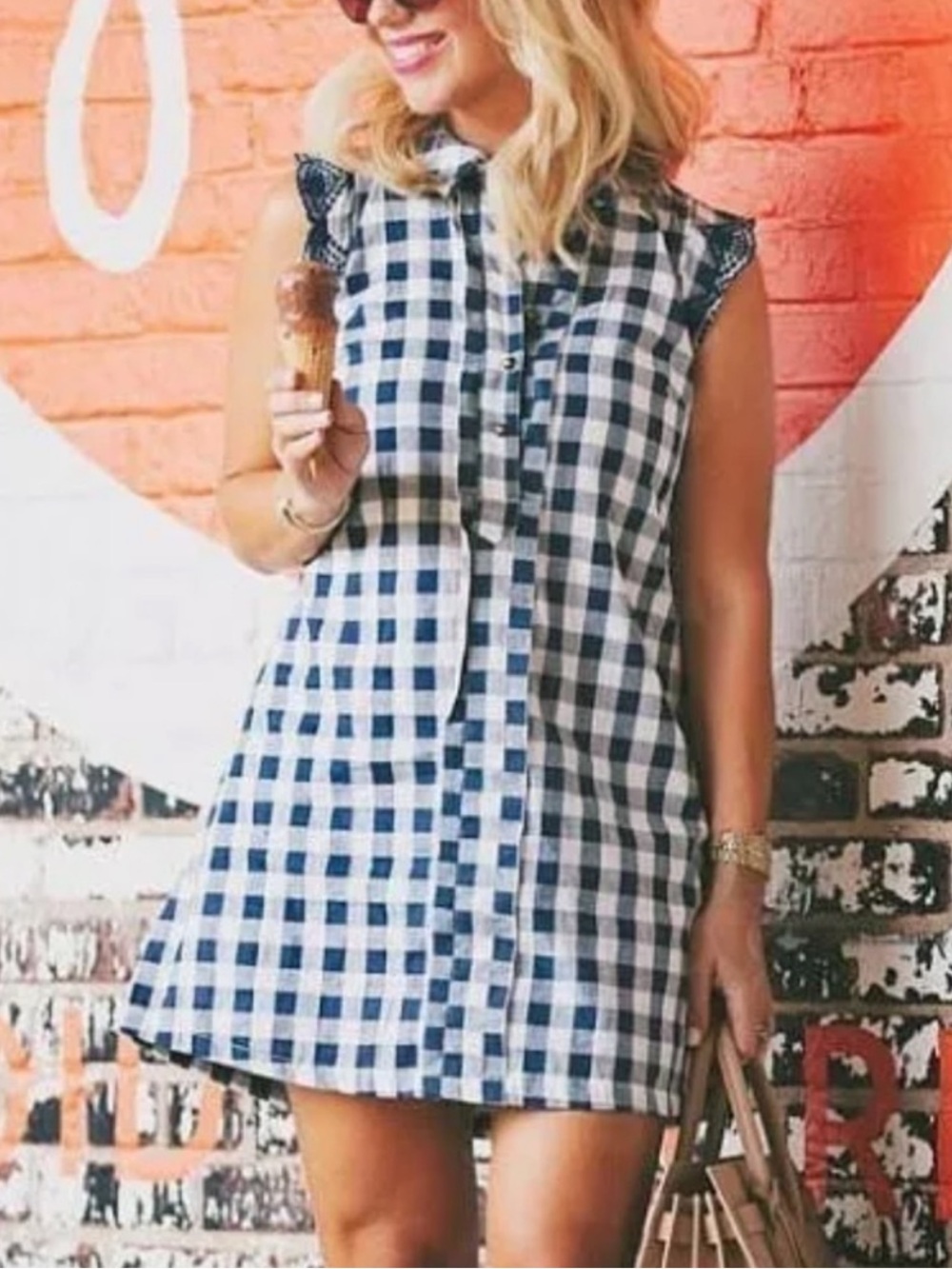Dear Creatures Anthro Gingham Button Front Embroidered Mini Check Print Dress XS